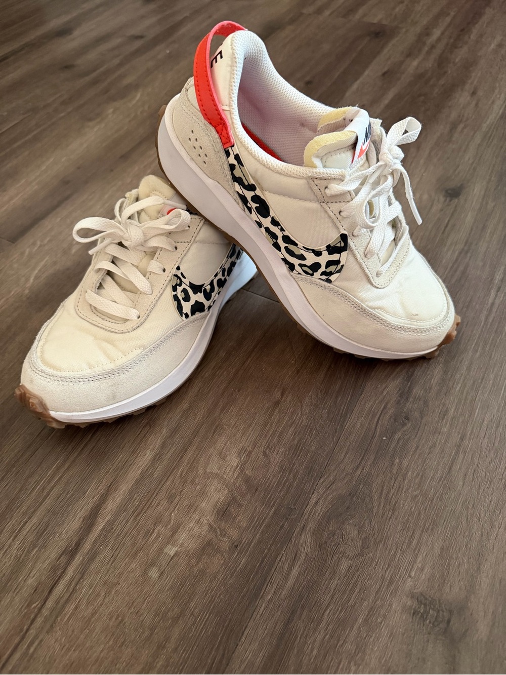 Nike Women's White Sneakers with Black Leopard Swoosh and Coral Heel